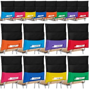 Maitys 16 Pieces Chair Pockets Classroom Chair Organizer 8 Colors Seat Storage with Name Tag Slot for School, Classroom, Home, Group Team Organizers, 16 x 19 Inch (Black Background)