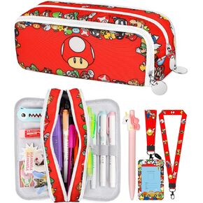 Trendy Fun for Large Pencil Case Big Capacity 3 Compartments Pencil Pouch Cute Cartoon Design Aesthetic Pen Bag with Zipper for Girls Teens Estuche para Lapices Sticker +Pen+ ID Badge Holder+Lanyard