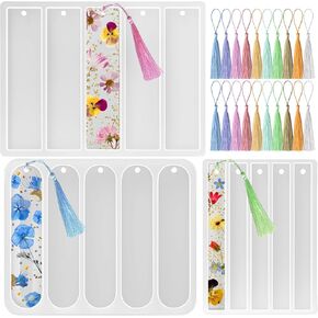 Set of 3 Bookmarks Silicone Mold, Bookmark Resin Mold Kit with 20 Pcs Bookmark Tassels, Small Medium Rectangle Bookmark Mold for DIY Epoxy Resin Casting Bookmarks Crafts Making Supplies