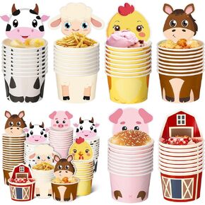 120 Sets Farm Animal Paper Snack Cups with Card 8 oz Farm Theme Disposable Paper Cup Animal Food Bowls Farm Treat Ice Cream Cups Birthday Party Supplies for Farm Animal Theme Party Decoration
