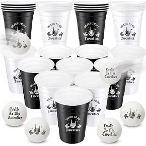 22 Pcs 16 Oz Plastic Cups with 8 Pcs Balls Game Set, Disposable Death to My Twenties Plastic Cups Gothic Theme Balls for Funny 30th Birthday Party Game Supplies