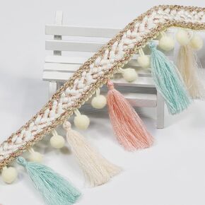 3 Yard 85mm/3.35 Inch Vintage Knotted Cotton Fringe Fringe Tassels Trim, Boho Long Fringe Trim, Sewing Fringe Trim for Drapery Curtain Pillow Carpet Lamp Fringe Crafts (Light Green/Beige/Pink-85mm)