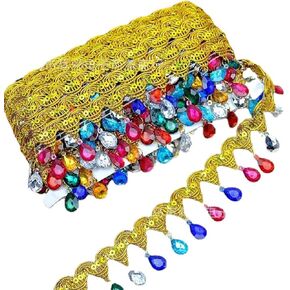 Yalulu 4.5 Yard Hanging Beads Fringe Lace Rhinestone Braided Ribbons Sewing Fringe Tassel Trim Apparel Trims DIY Craft Sewing Accessory (Gold-Multicolour)