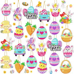 Frienda 24 PCS Easter Diamond Painting Kits DIY Diamond Keychains Easter 5D Diamond Painting by Truments Arts and Crafts for Kids adual adeater Easter Bunny Egg Diamond Paint Decoration