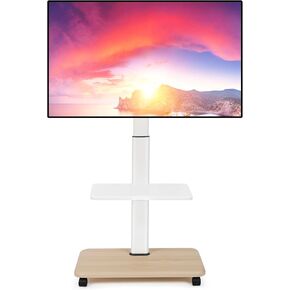 Rolling TV Stand Mobile TV Cart for 32-70 Inch Flat/Curved LED/LCD/OLED Height Adjustable Portable TV Stand on Wheels up to 100lbs Floor TV Stand with Laptop DVD Shelf for Bedroom Outdoor White
