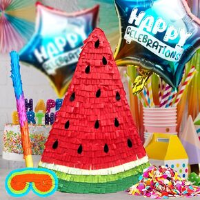 Watermelon Slice Pinatas Party Set for Summer Celebrations with Buster Stick, Blindfold, Confetti, and Happy Celebration Balloons
