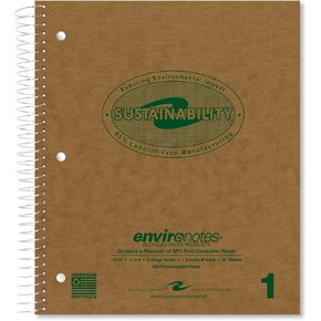 Roaring Spring Environotes Recycled Notebook, One Subject,11" x 9", Spiral Bound, 80 Sheets of Heavyweight 20 lb. paper, College Ruled, 3-Hole punched, Perforated, 1 Double Pocket, Made in the USA!