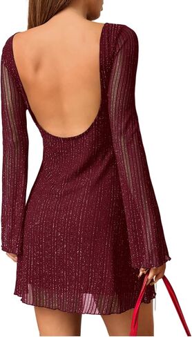 Milumia Women's Sparkly Mesh Long Sleeve Short Dress Backless Glitter Mini Dresses in Saudi Arabia