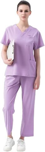 Scrubs for Women Set V-Neck Scrub Top & Jogger Pants Nursing Medical Uniform Stretch Workwear with Multi Pockets in Saudi Arabia
