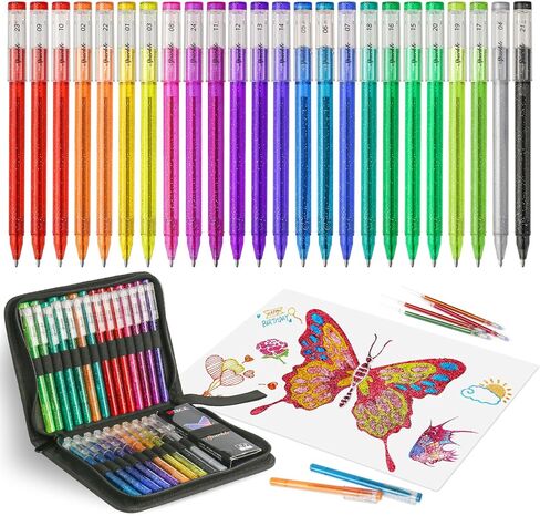 24 Colors Glitter Gel Pens for Adult Coloring Book, Metallic Sparkle Pen with 24 Refills In Travel Case, with 40% More Ink Sparkle Glitter Set for Drawing Journaling Scrapbooking Art Supplies in Kuwait
