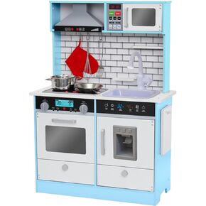 مجموعة المطبخ المطبخ Lil 'Jumbl Kids Blue ، المطبخ الخشبي للتظاهر ، يتضمن غطاء محرك السيارة ، والميكروويف ، وأعلى الموقد ، والفرن الذي يصنع صوتًا وضوءًا واقعيًا ، وأواني ، وعرض ، ولوحة التقطيع والأواني المشمولة ،