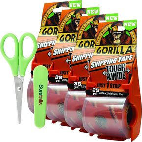 Gorilla Packing Tape with Dispenser, 30 Yards, Tough & Wide Clear Packing Tape, 2.83" X 35Yd - Bundle with Paper Scissors, Heavy Duty Adhesive for Moving, Shipping, Storage [Pack of 4] in Kuwait