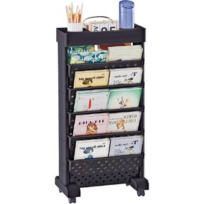 BYFU 6-Tier Movable Bookshelf Cart, Rolling File Storage Paper Organizer Mobile Bookcase with Wheels for Home Office Study Classroom, Black