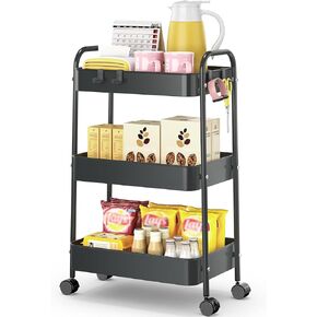 TOOLF 3 Tier Rolling Storage Cart, Metal Utility Cart with Hooks Trolley on Wheels Storage Organizer Serving Cart Mobile Craft Cart for Office, Bathroom, Kitchen, Kids' Room, Classroom Black