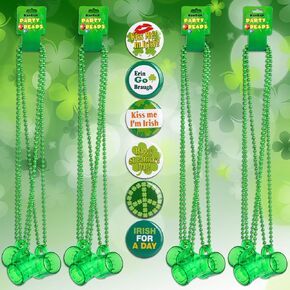 Konsait St.Patricks Necklaces with Shot Glass(12pcs)& St.Patrick Pins(6pcs), Green St Patrick's Day Beads St.Patrick Button for Kids Women Man for St.Patricks Day Costumes Party Games Favor Supplies