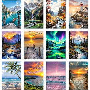 OXYSURE 12 Pack Diamond Painting Kits for Adults,Sunset Beach Coconut Tree Diamond Painting Set for Gift Home Wall Decor - 5D DIY Craft Kit with Diamonds