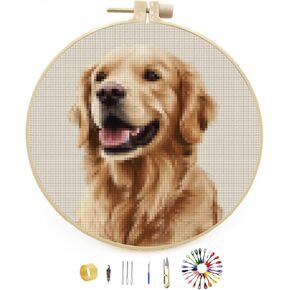 DIY Stamped Cross Stitch Kits Golden Retriever Dog Easy for Beginners with Hoop 11CT Counted Embroidery Needlepoint Crafts Arts for Handmade Enthusiasts and Home Decor 26x26cm(1)