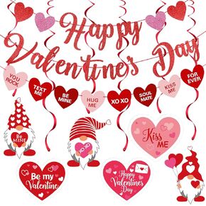 Red Happy Valentines Day Banner and Valentines Hanging Heart Swirls Decorations Valentines Day Heart Banner for Happy Valentines Day Decorations Valentines Hanging Decorations