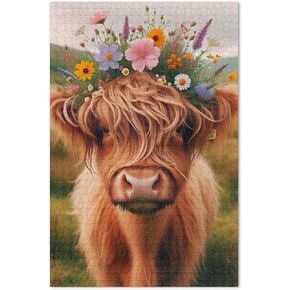 Highland Cow Floral Calf Jigsaw Puzzle for Adults 500 Pieces Animal Painting Art Nature Puzzle White Elephant, 20.5x14.9 Inch
