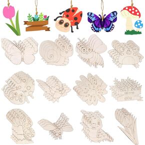 48 PCS Unfinished Wood Cutouts Ornaments for Crafts 12 Styles Butterfly Flower Bee Bird Blank Wooden Cutouts Slices for Kids DIY Paint Spring Hanging Decor for Home School Party Decorations