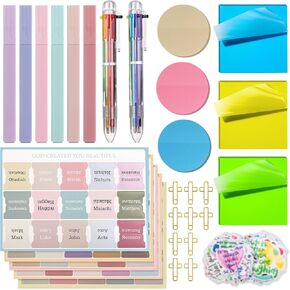 75PCS Bible Study Supplies Set for Women, Bible Journaling Kit with 8PCS Highlighters and Pens no Bleed, 1 Set Bible Tabs, 6PCS Sticky Annotation Notes, 10PCS Cross Clips and 50PCS Christian Stickers