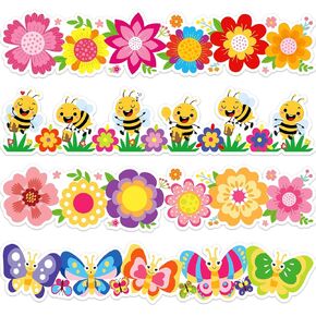 60 PCS Spring Floral Bulletin Board Borders Cartoon Flower Bee Butterfly Selffive Trim Trim Sticker Decorting for Home Charship Party Wall Decoration