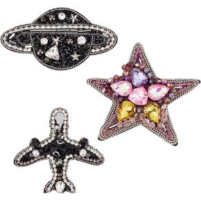 FINGERINSPIRE 3 PCS Cosmic Series Rhinestone Patches 2.2x2.5x0.2inches Airplane Star Planet Crystal Sew on Applique Patch, Clothing Repair Decoration Patches for Clothes Dress DIY Craft