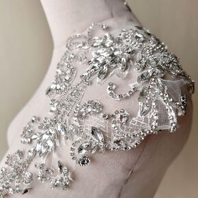 1 PC Silver Rhinestone Embroidery Applique Patch, 20cm x 15cm (8 inches x 6 inches), Formal Embroidered Rhinestone, Bridal, Wedding