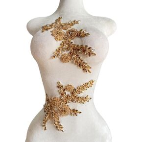 Handmade Rhinestones Bodice Applique sew on Beads Trim Patches Trim Accessories for Wedding Dress Shiny Decorative lace Patch 1 Pair/Set 5.9X10.6inches (Champagne)