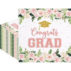 80Pcs Floral Graduation Paper Napkins Congrats Grad Disposable Napkins Class of 2025 Decorative Napkins for Party Supplies Table Decor