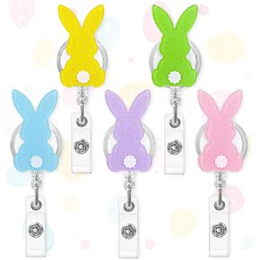 10Pcs Easter Bunny Badge Reel Holder ID Name Badge Holder, Spring Pastel Rabbit Retractable Glitter Acrylic Clips Easter Gifts for Teacher Student Employee Doctors