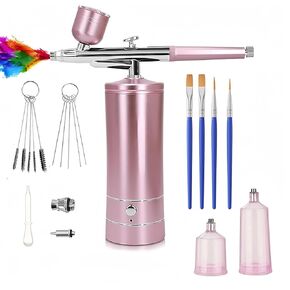 Airbrush Kit with Airbrush Compressor, Rechargeable Cordless Air Brush Kit with 0.3mm Nozzle and Cleaning Sets, Ideal for Painting, Modeling, Cake Decor, Makeup, Nail Art etc(Pink)