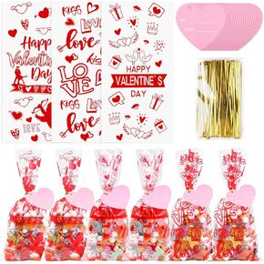 STEFORD 150Pcs Valentine Cellophane Bags, Valentine Day Cellophane Treat Bags, Valentine Gift Bags with 50Pcs Heart Tags, 180Pcs Twist Ties