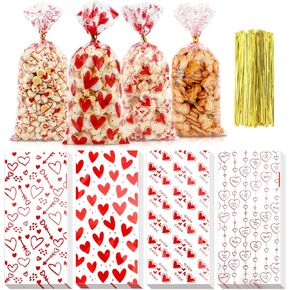 Valentine Treat Bags, Valentine Cellophane Treat Bags, Valentines Gift Bags, 60PCS Plastic Valentines Candy Bags Cookie Bags Goodie Bags with Twist Ties for Valentines Day Wedding Party Favor Supplies