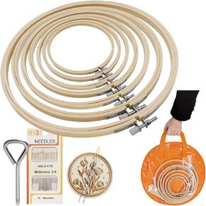 SNAIL GARDEN 7 Pcs 7 Sizes Round Embroidery Hoops Set,Bamboo Embroidery Rings,Cross Stitch Hoop 8cm to 23cm for Craft Sewing with Embroidery Needles,Magnetic Pincushion,Screwdriver,Storage Bag