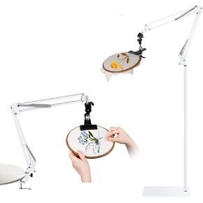 Adjustable Embroidery Hoops Stand for Hand Work,Cross Stitch Frame with 360° Rotation, Embroidery Desktop Stand Suitable for Embroidery Kit,3-in-1 Hoop/Tablet/Phone Holder Floor&Desktop Stand,White