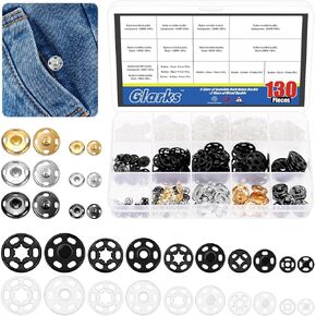 Glarks 130pcs 5 Colors Sew on Snap Buttons Kit, 7/9/10/15/18/20MM Clothes Hidden Button, Clear Press Stud Snap Fasteners, Invisible Press Studs Buttons, Invisible Small Snap Button for Sewing Clothing