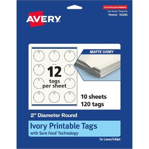 Avery Printable Round Tags with Sure Feed Technology, 2" Diameter, Matte Ivory Cardstock, Print-to-the-Edge, Laser/Inkjet, 120 Total, Great for Custom Gift Tags and Branding Tags
