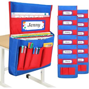 Spardar Chair Pockets for Classrooms, 12 Pieces Blue and Red Chair Pockets with Name Tags for Organizing School Supplies, Suitable for Classroom, Kindergarten and Home(15.7*19.6 in)
