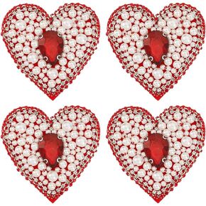 FINGERINSPIRE 4 PCS Heart Beaded Patch 2.7x2.7inch Glass Rhinestone Red Crystal Sew On Patches Heart Shape Pearl Beaded Embroidery Patches Applique for Jeans Handbag Shoes Clothing DIY Decorations
