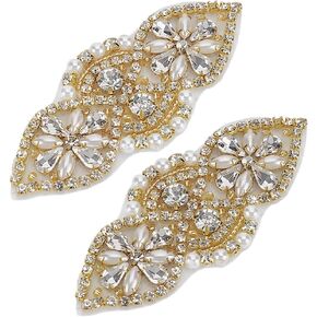 FINGERINSPIRE 2 PCS Golden Rhinestone Pearl Bead Applique 1.6x3.9inch Sew Iron on Crystal Patch Flower Wedding Belt Applique Hotfix Rhinestone Patches for Bridal Wedding Dress