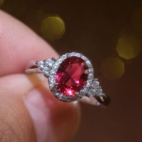 Oval Cut Ruby Diamond Cluster Solitaire Ring Delicate Engagement Rings 14K Gold Plated 925 Sterling Silver Gemstone Ring Natural Ruby Ring for Women Size 7