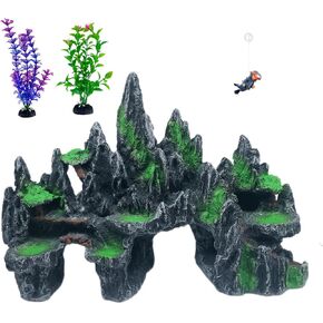 Extra Large Aquarium Decorations, Big Mountain View Aquarium Ornaments, Large Fish Tank Decorations, Come with 1 Little Diver and 2X 4inch Aquarium Plastic Plants (Extra Large Mountain)