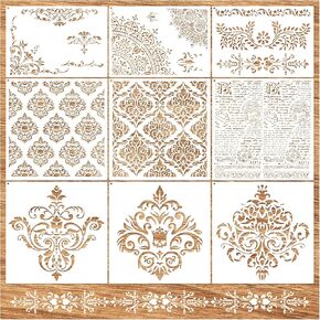 Large Damask Stencils for Walls Drawing Corner Border Stencil Reusable Layering Wall Stencils for Painting on Wood Furniture Patterns DIY Craft Canvas Fabric Decoration(demask)