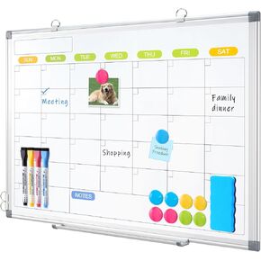 Dry Erase Calendar Whiteboard for Wall, WALGLASS 24" x 18" Magnetic White Board, Monthly Dry Erase Calendar with Silver Aluminum Frame, Double-Sided Hanging Portable Board for Office, Home, School