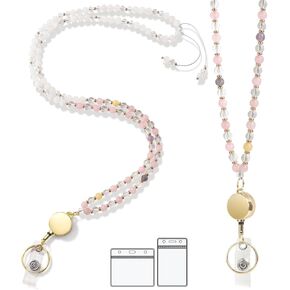 Retractable Lanyards for ID Badges and Keys, Natural Stone Crystal Teacher Lanyard for Women, Handmade ID Beaded Holders, Breakaway Cute Lanyard for Cruise, School, Office (Morganite)