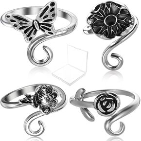 Mabor 4Pcs Tension Rings for Crocheting, Crochet Tension Ring for Finger, Adjustable Rose/Butterfly/Lotus Leaf Yarn Guide Tension Ring Knitting Crochet Supplies with Box for Women