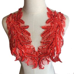 Heyiwell 1 Pair Bright Red Sequins Beaded Lace Embroidered Applique for DIY Sew on Clothing Wedding Dress Ballet Headpieces Decoration 33x13cm