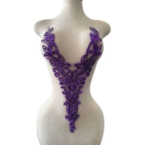 Jpumley. pksn Pure Handmade Rhinestones Applique sew on lace Crystal Sequins Trim Patches Accessories for Dress Clothing Neckline Decorative Material 22.4X11.8inches (Purple)