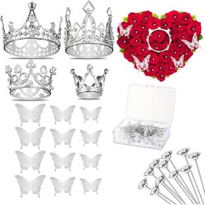 66 PCS Flower Bouquet Accessories بما في ذلك 50 PCS Flower Fins و 4 PCS Silver Crowns و 12 PCS Butterfly Decorations for Festival Wedding Birthder Party and Flower Boukets